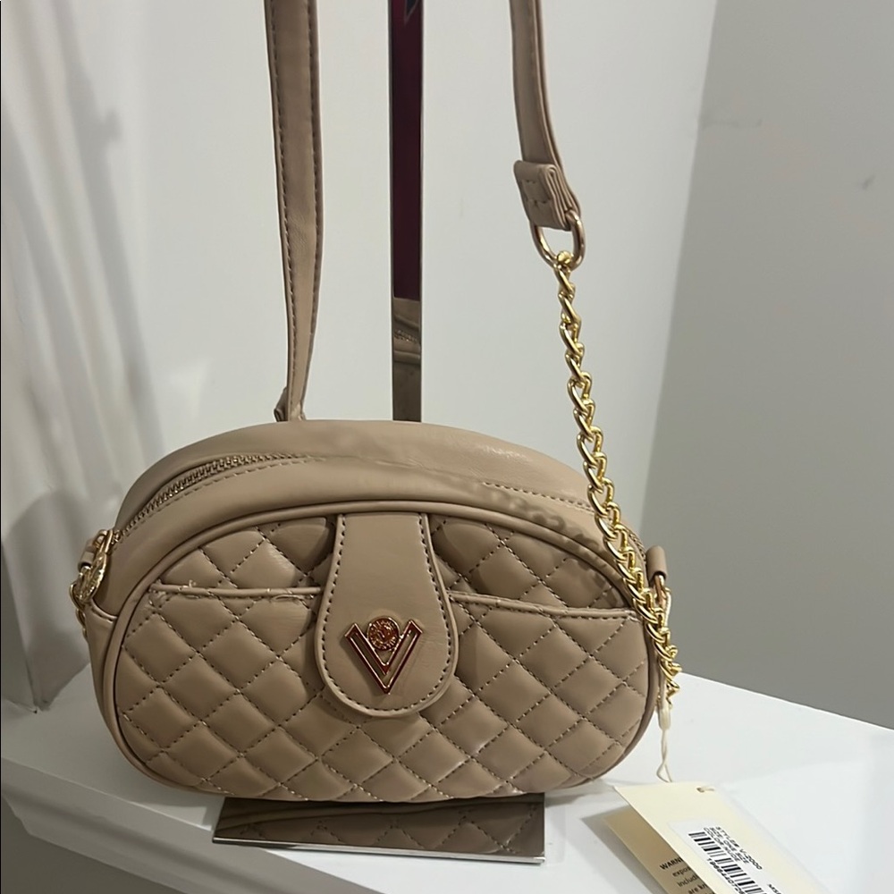 Valentino Orlandi Beige Quilted Crossbody Bag with Gold Chain